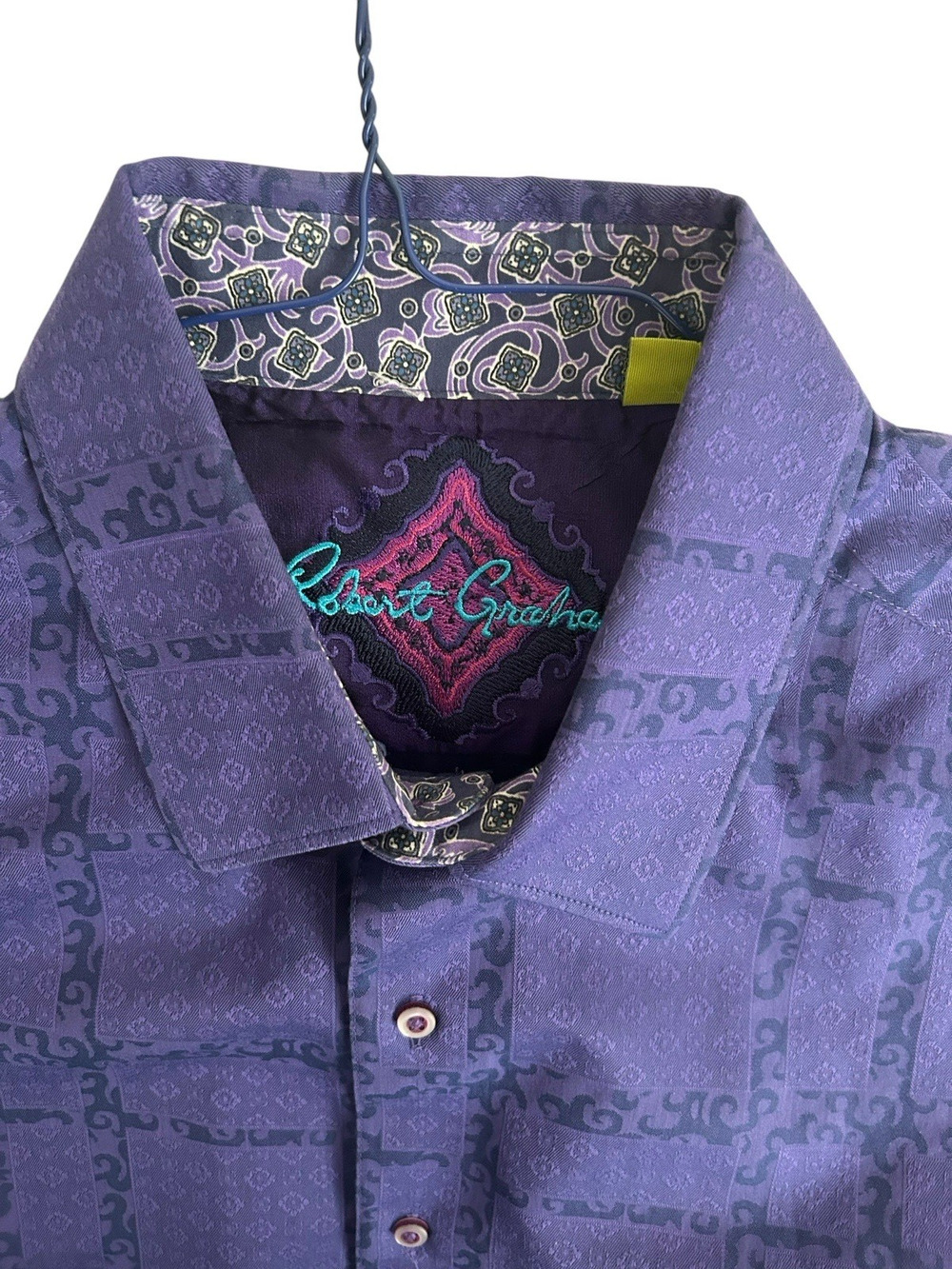 Robert Graham Shirt Mens XL Purple Jacquard Contrast Flip Cuff Designer Luxury